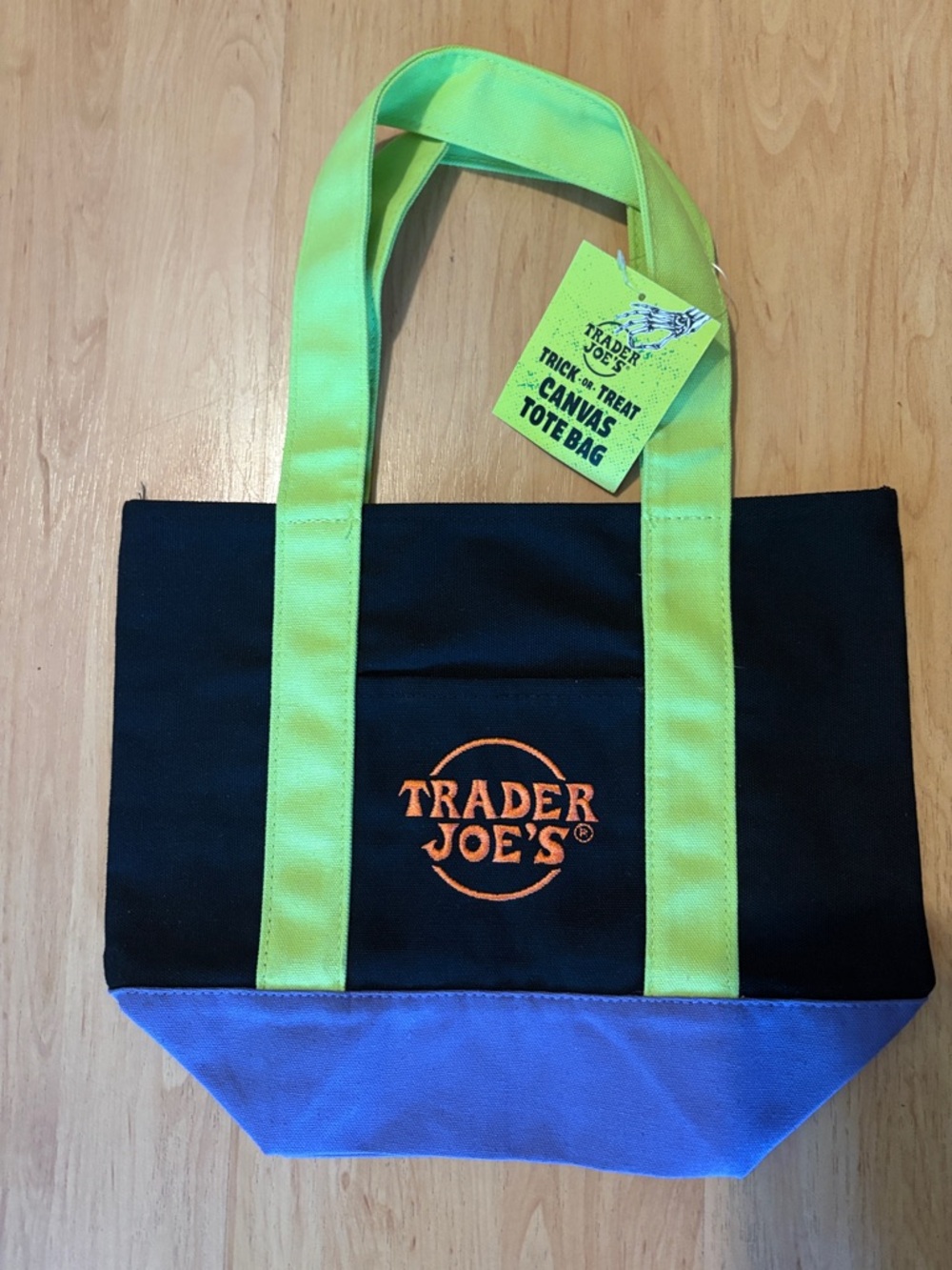 Trader Joe's Canvas Tote - Black with Neon Green Handles & Purple Base